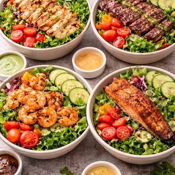 Four bowls of salads with grilled chicken, steak, shrimp, and salmon, with various dressings.