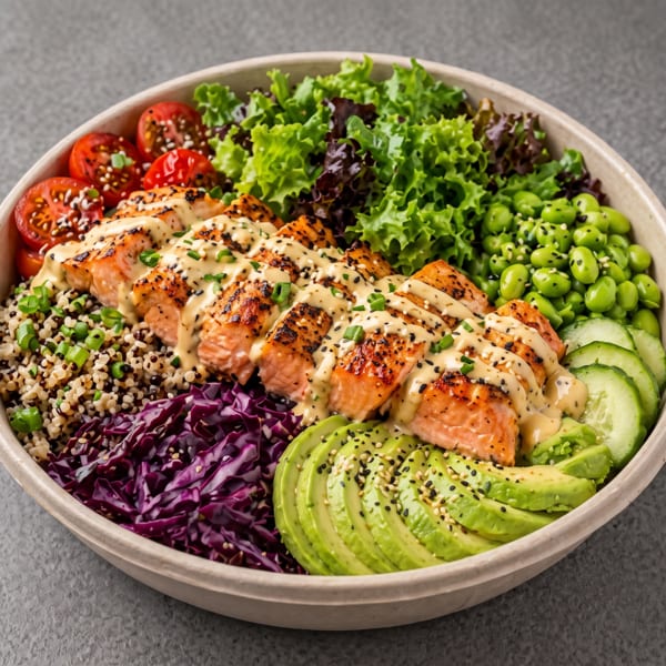 Salmon poke bowl with quinoa, avocado, edamame, cucumber, tomatoes, red cabbage, and mixed greens.