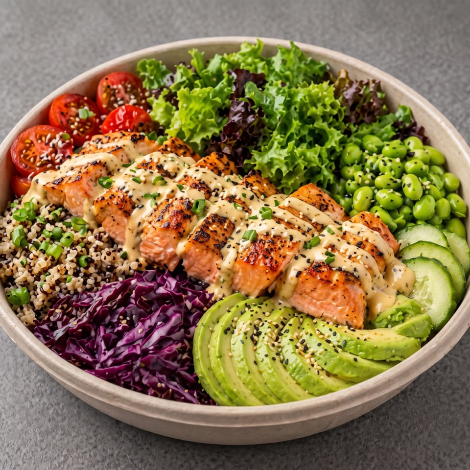 Salmon poke bowl with quinoa, avocado, edamame, cucumber, tomatoes, red cabbage, and mixed greens.